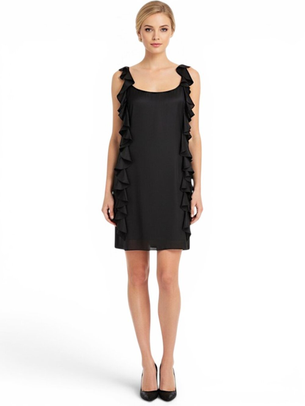 Susana Monaco Black Stretch Silk Side Ruffled Shift Mini Dress Cocktail Party 6